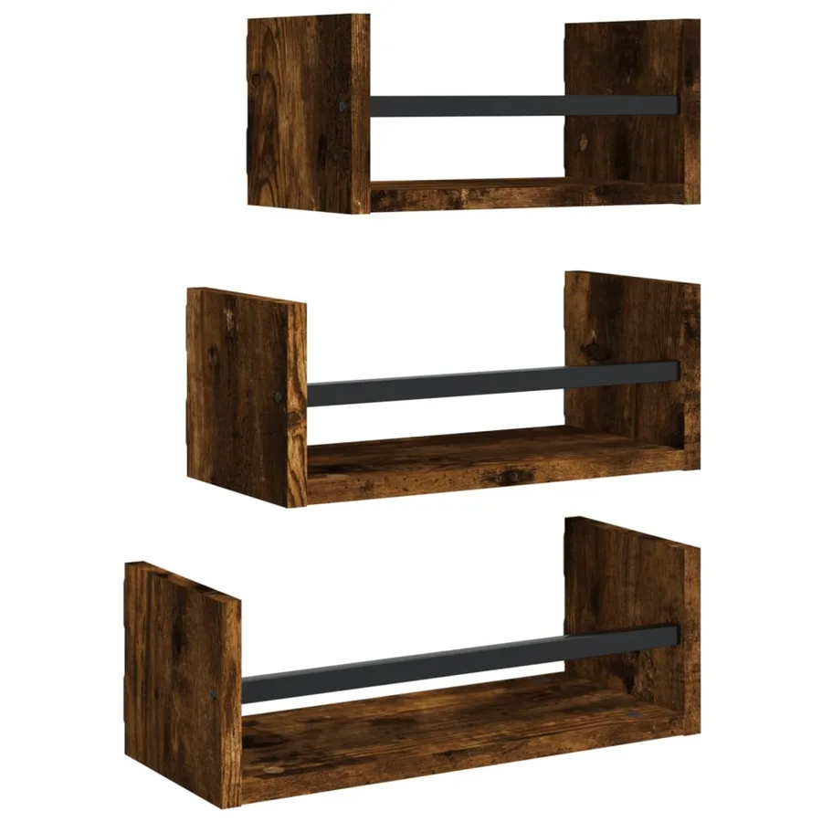 Ensemble d'étagères murales avec barres 3 pcs chêne fumé - 2