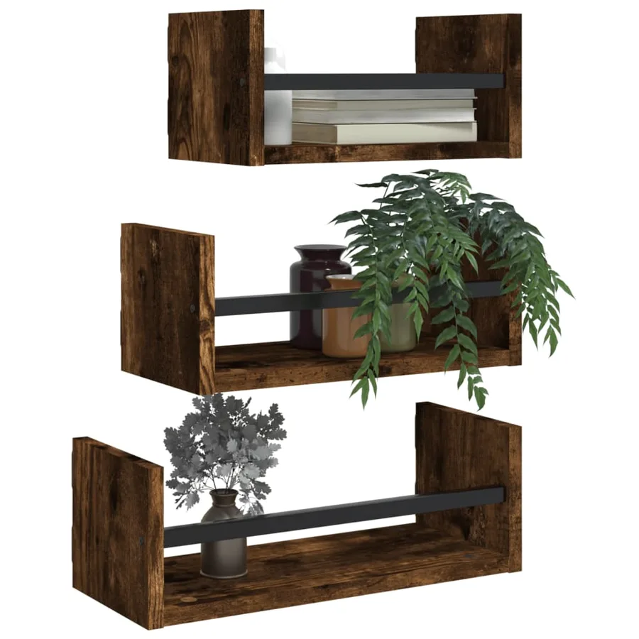 Ensemble d'étagères murales avec barres 3 pcs chêne fumé - 3