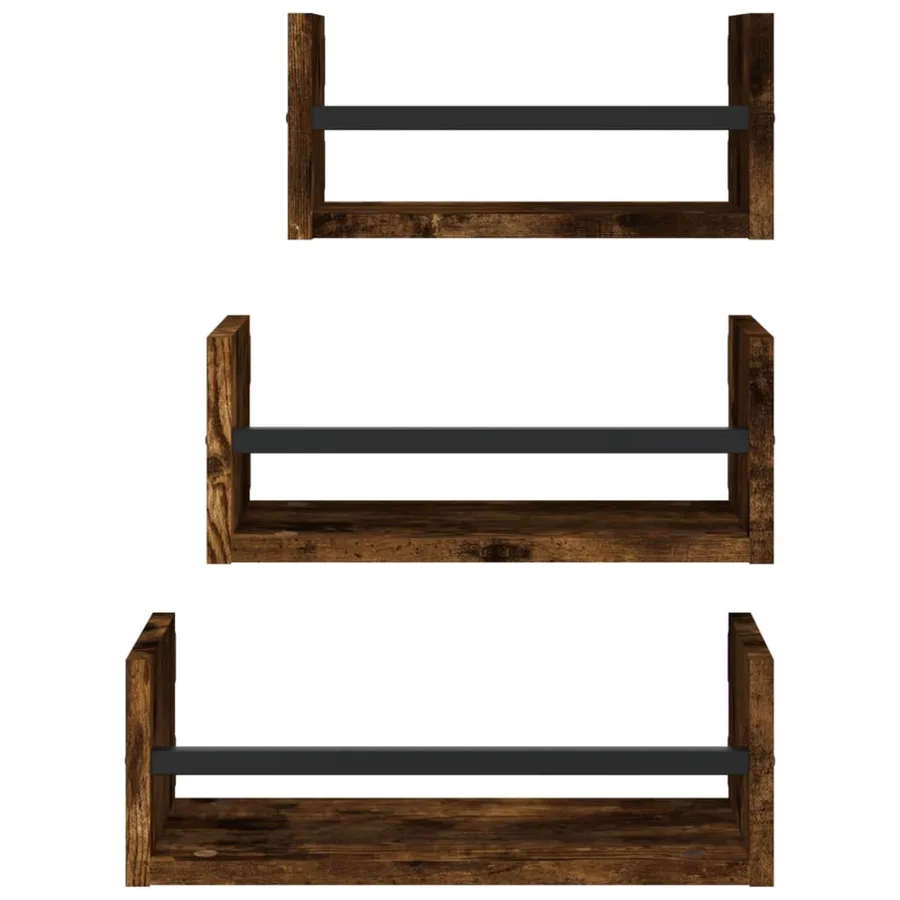 Ensemble d'étagères murales avec barres 3 pcs chêne fumé - 4