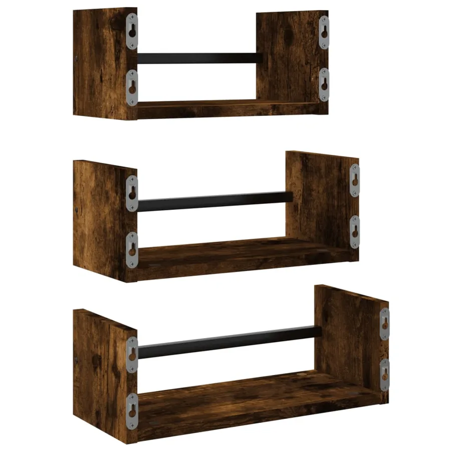 Ensemble d'étagères murales avec barres 3 pcs chêne fumé - 6
