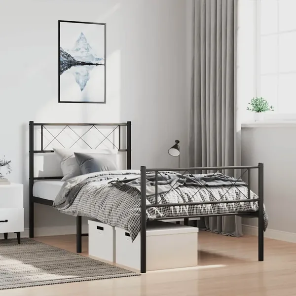 Cadre de lit métal sans matelas et pied de lit noir 100x200 cm