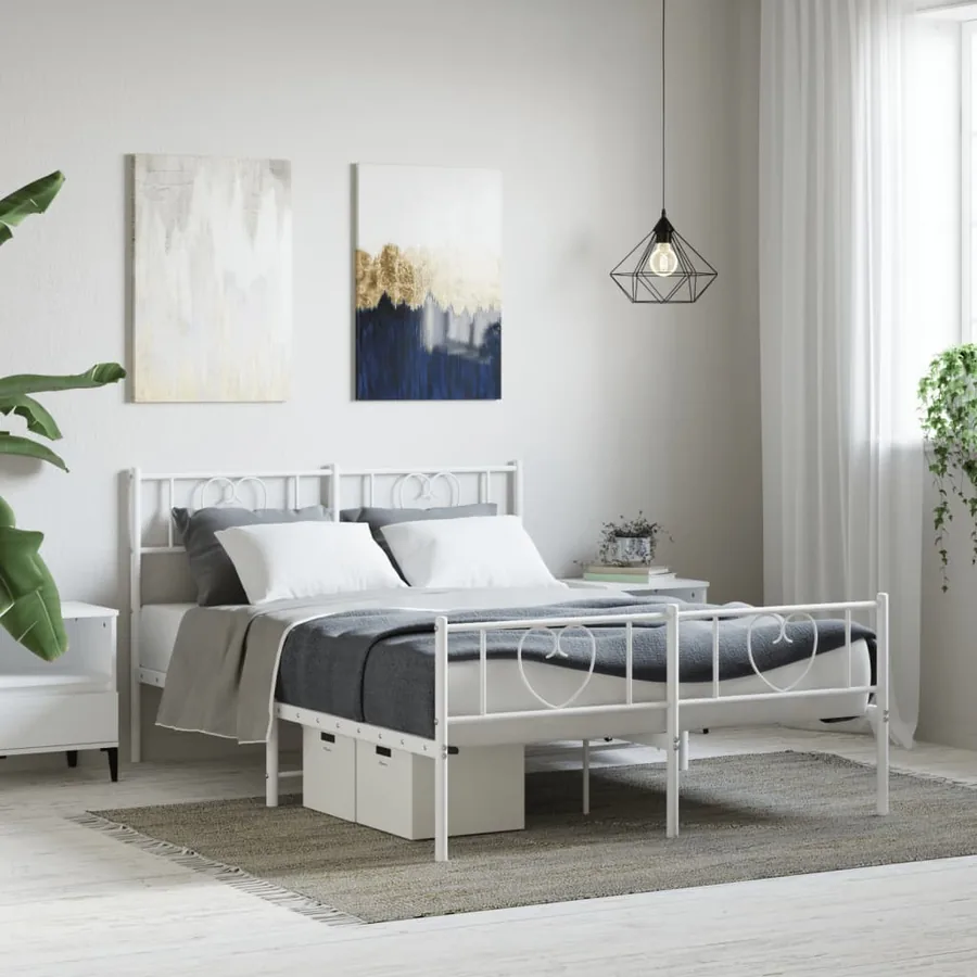 Cadre de lit métal sans matelas et pied de lit blanc 120x190 cm