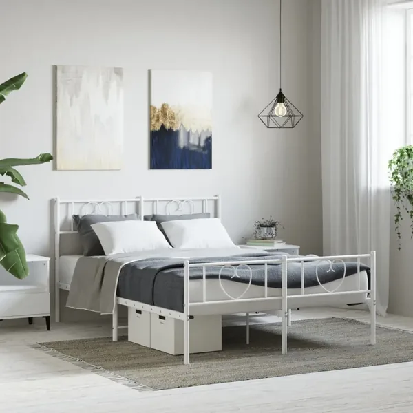 Cadre de lit métal sans matelas et pied de lit blanc 120x190 cm