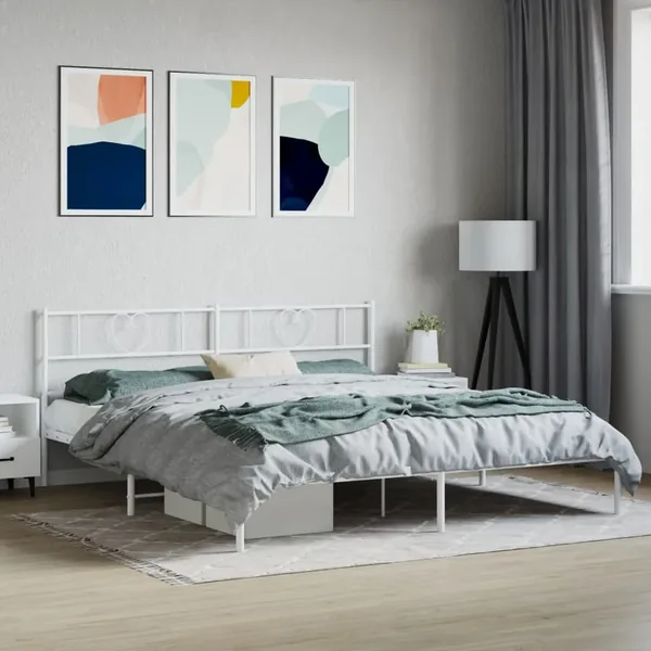 Cadre de lit métal sans matelas et tête de lit blanc 200x200 cm