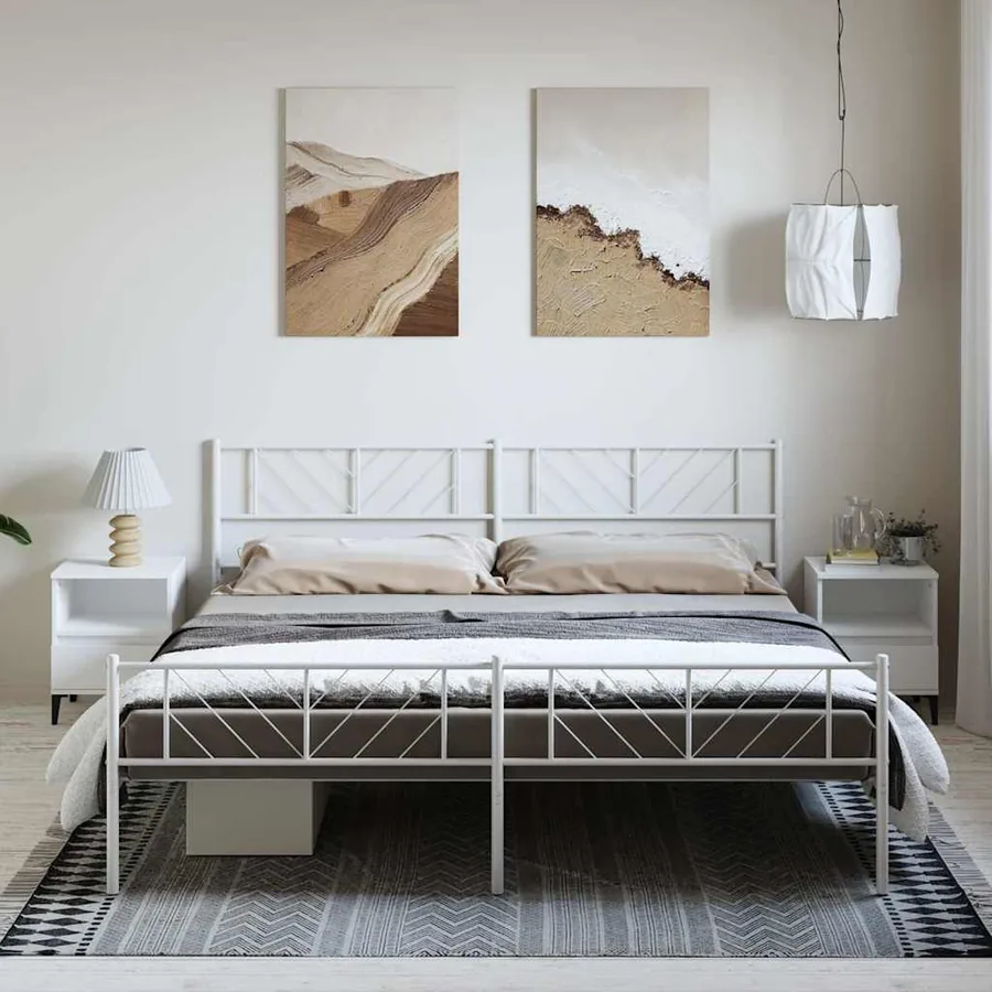 Cadre de lit métal sans matelas et pied de lit blanc 193x203 cm