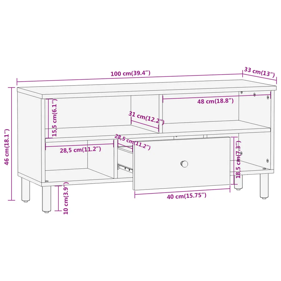 Meuble TV 100x33x46 cm bois massif de manguier - 10