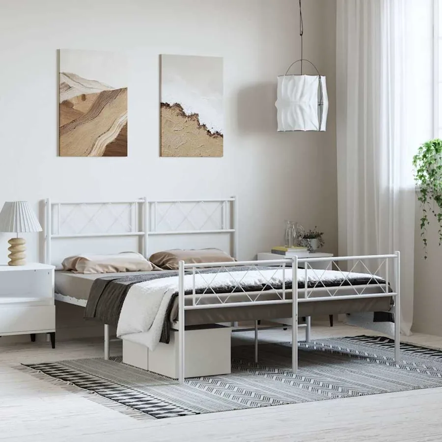 Cadre de lit métal sans matelas et pied de lit blanc 135x190 cm