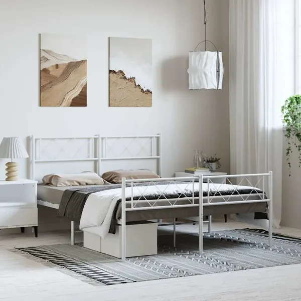 Cadre de lit métal sans matelas et pied de lit blanc 135x190 cm
