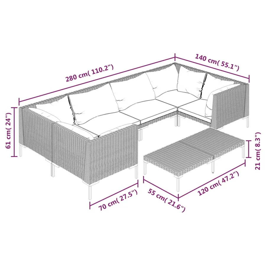 Salon de jardin 7 pcs avec coussins Résine tressée Gris foncé - 9