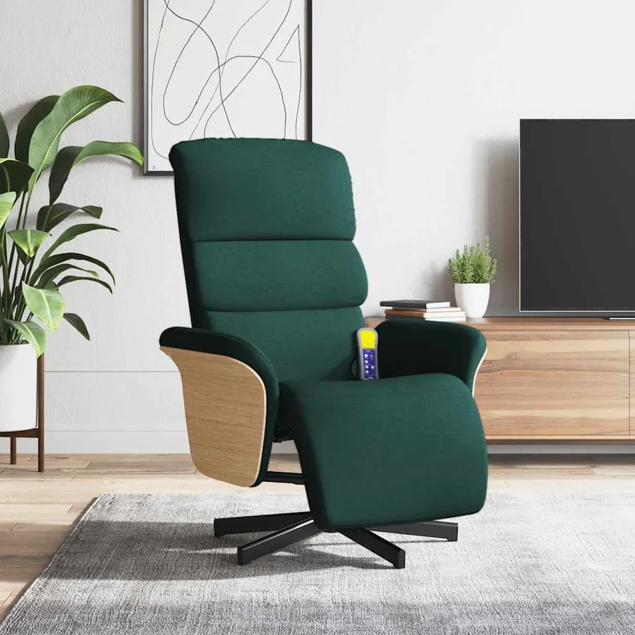 Fauteuil inclinable de massage et repose-pieds vert foncé tissu