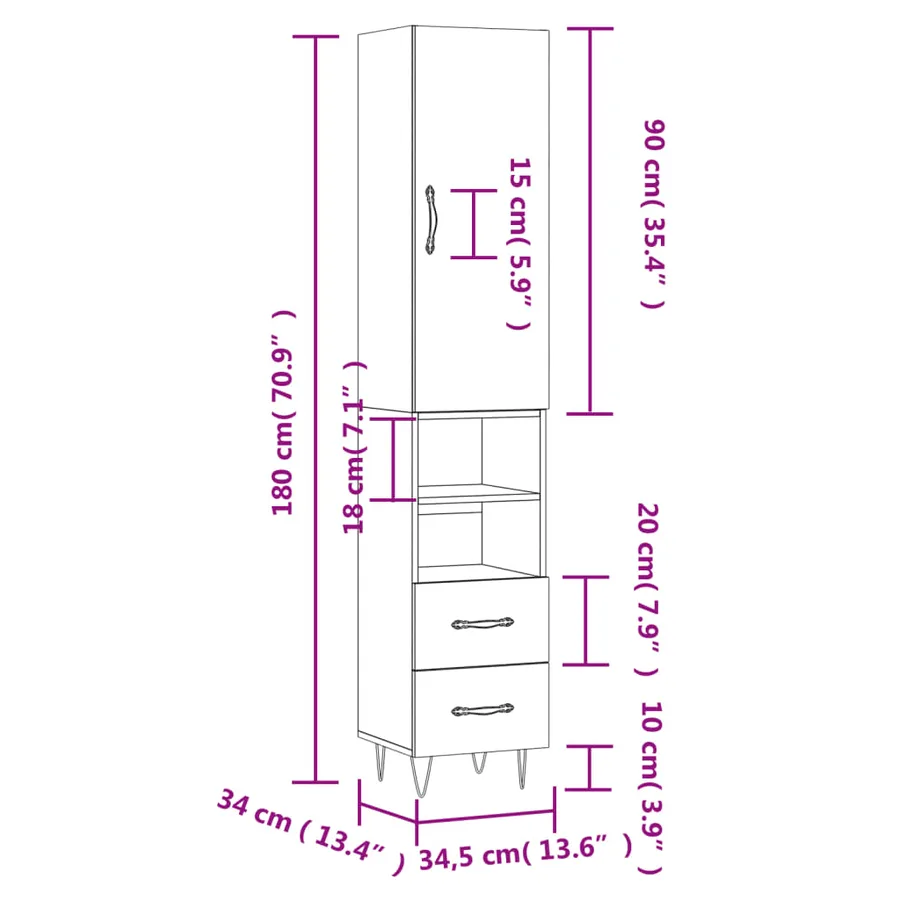 Buffet haut Gris béton 34,5x34x180 cm Bois d'ingénierie - 14