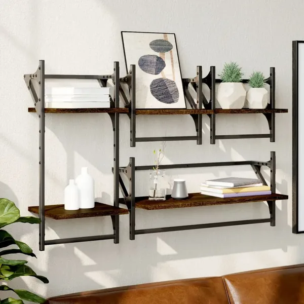 Ensemble d'étagères murales avec barres 4 pcs chêne marron