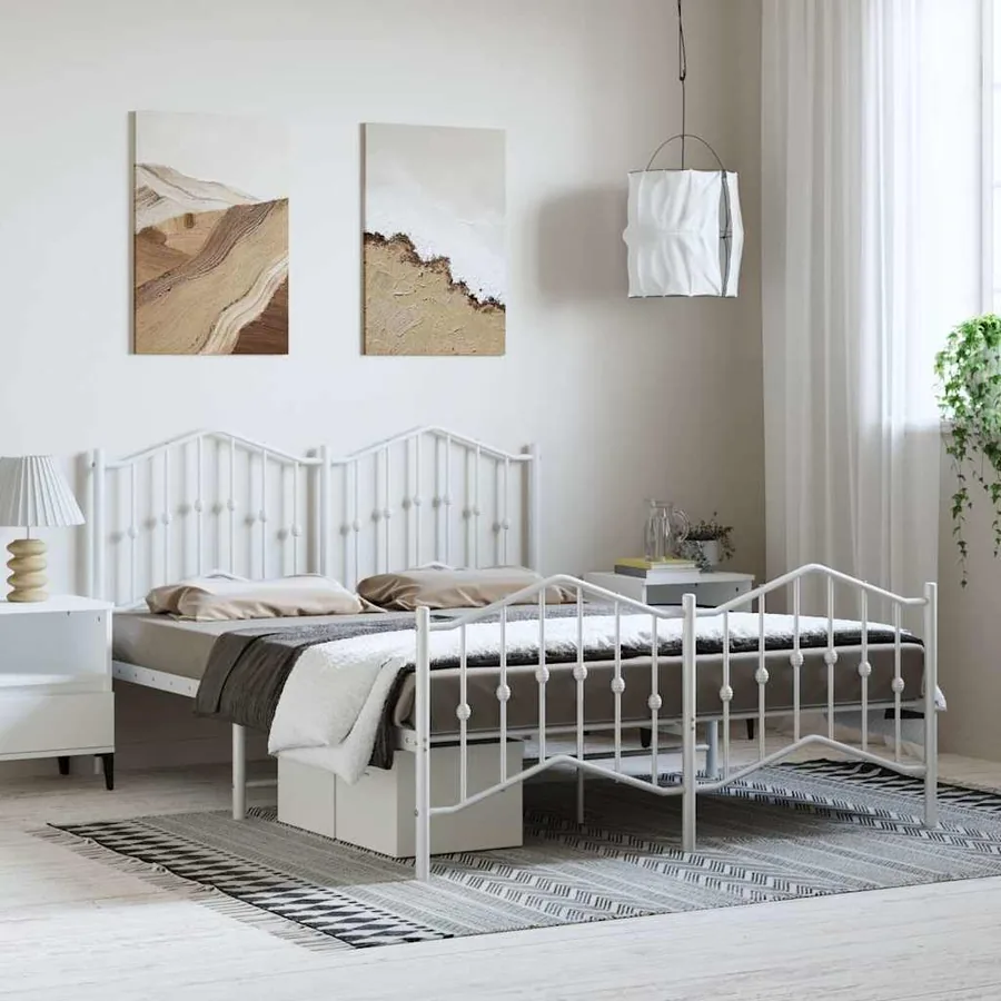 Cadre de lit métal sans matelas et pied de lit blanc 135x190 cm