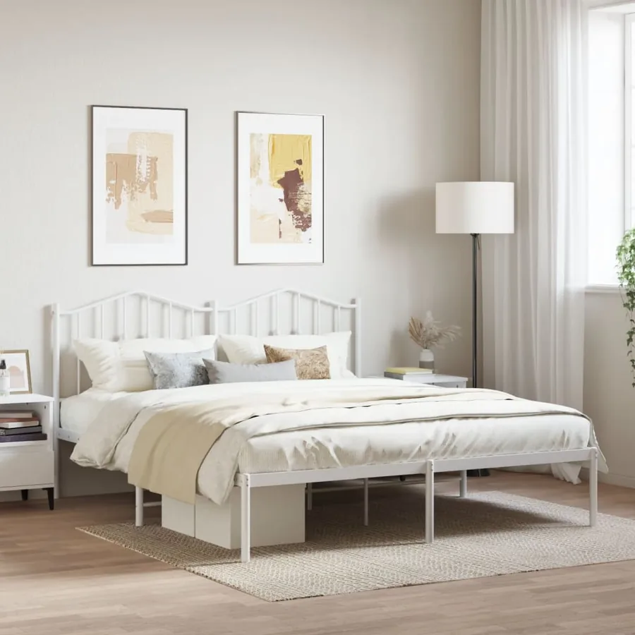 Cadre de lit métal sans matelas et tête de lit blanc 160x200 cm