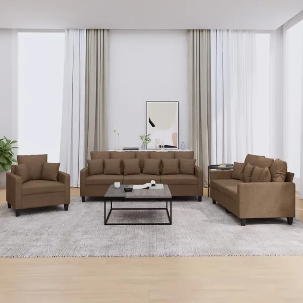 Ensemble de canapés 3 pcs avec coussins marron tissu