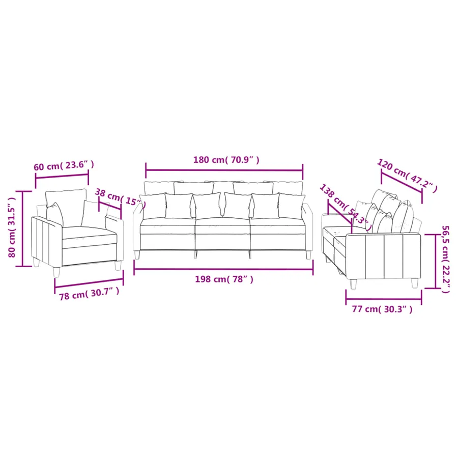 Ensemble de canapés 3 pcs avec coussins marron tissu - 8