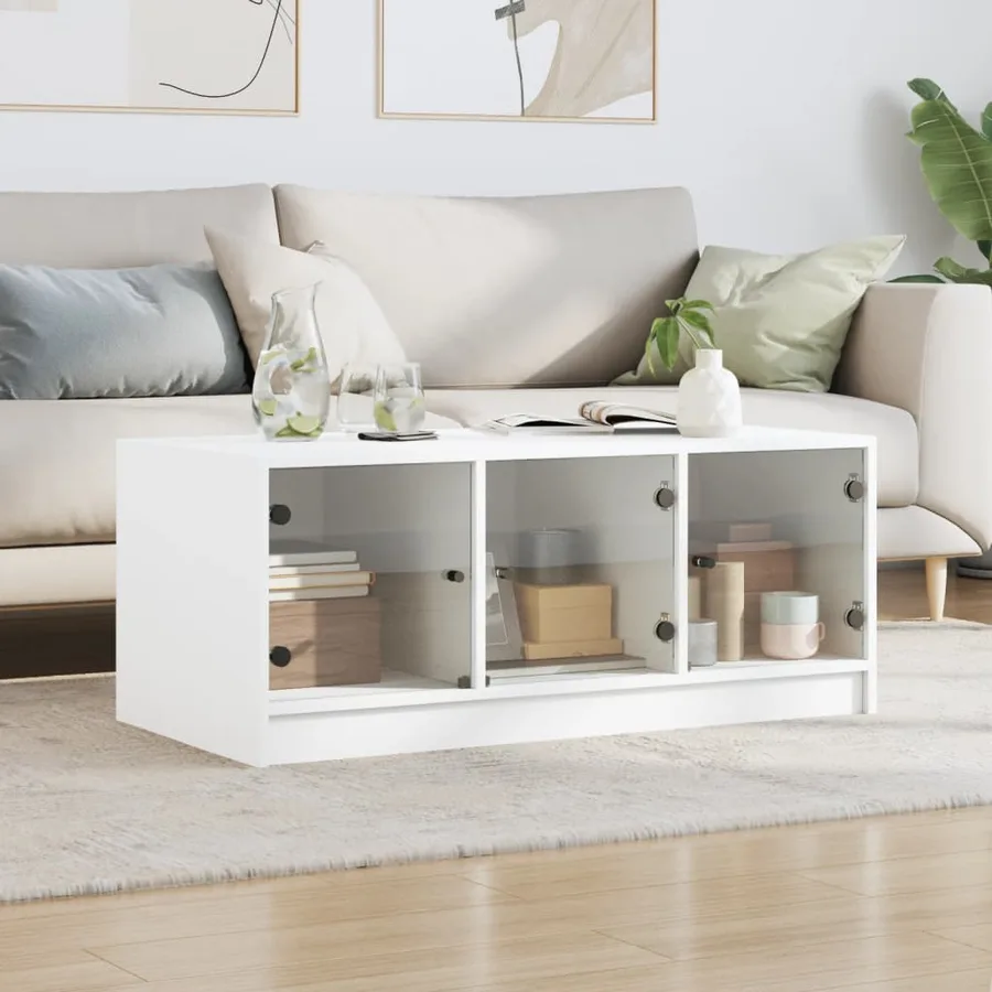 Table basse avec portes en verre blanc 102x50x42 cm - 3