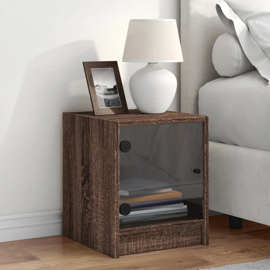 Table de chevet avec porte en verre chêne marron 35x37x42 cm - 3