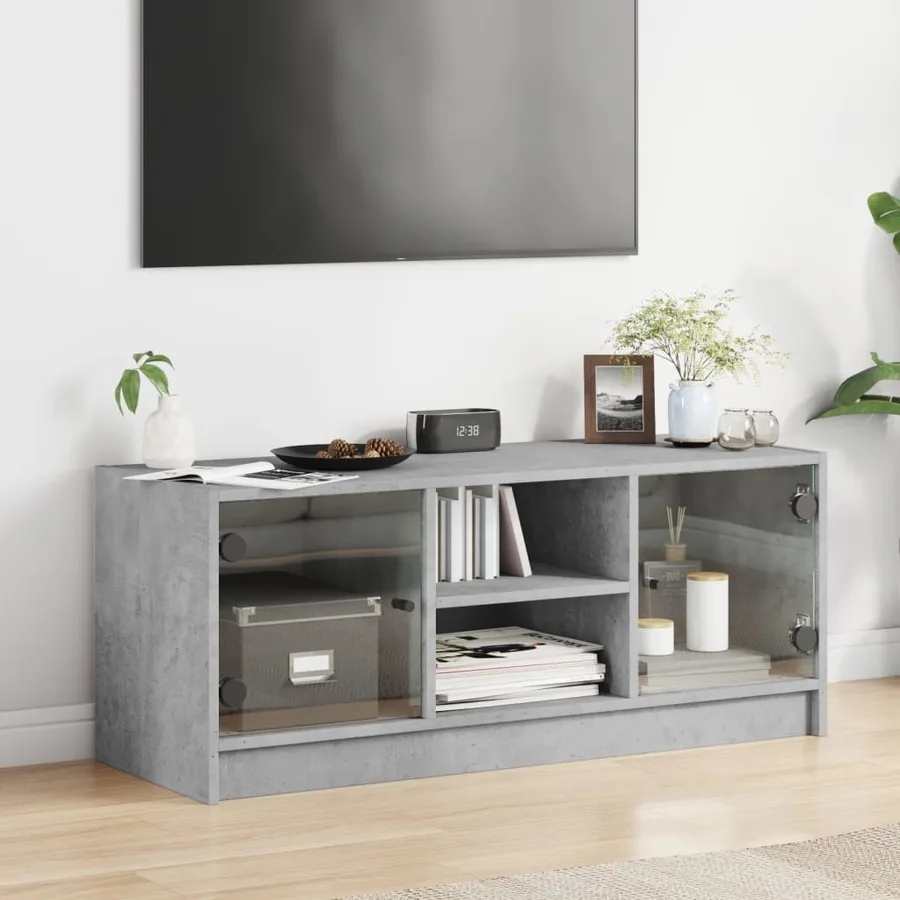 Meuble TV avec portes en verre gris béton 102x37x42 cm - 3