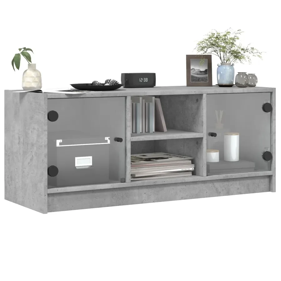 Meuble TV avec portes en verre gris béton 102x37x42 cm - 4