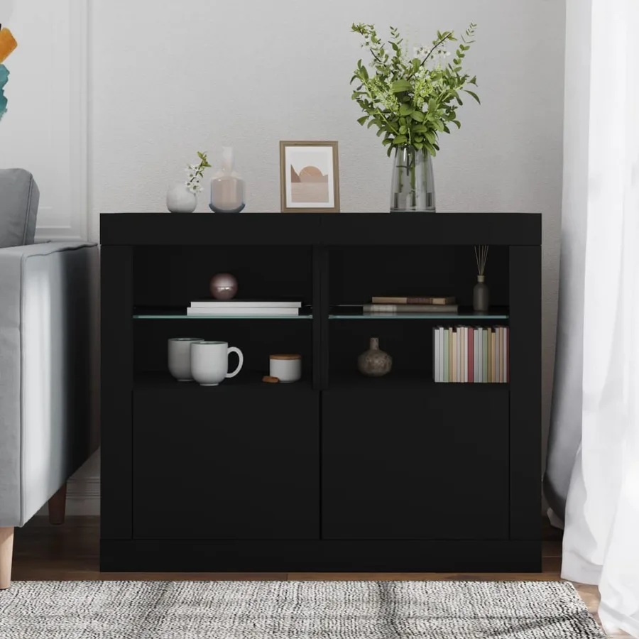 Armoires latérales et lumières LED 2 pcs noir bois d'ingénierie - 3