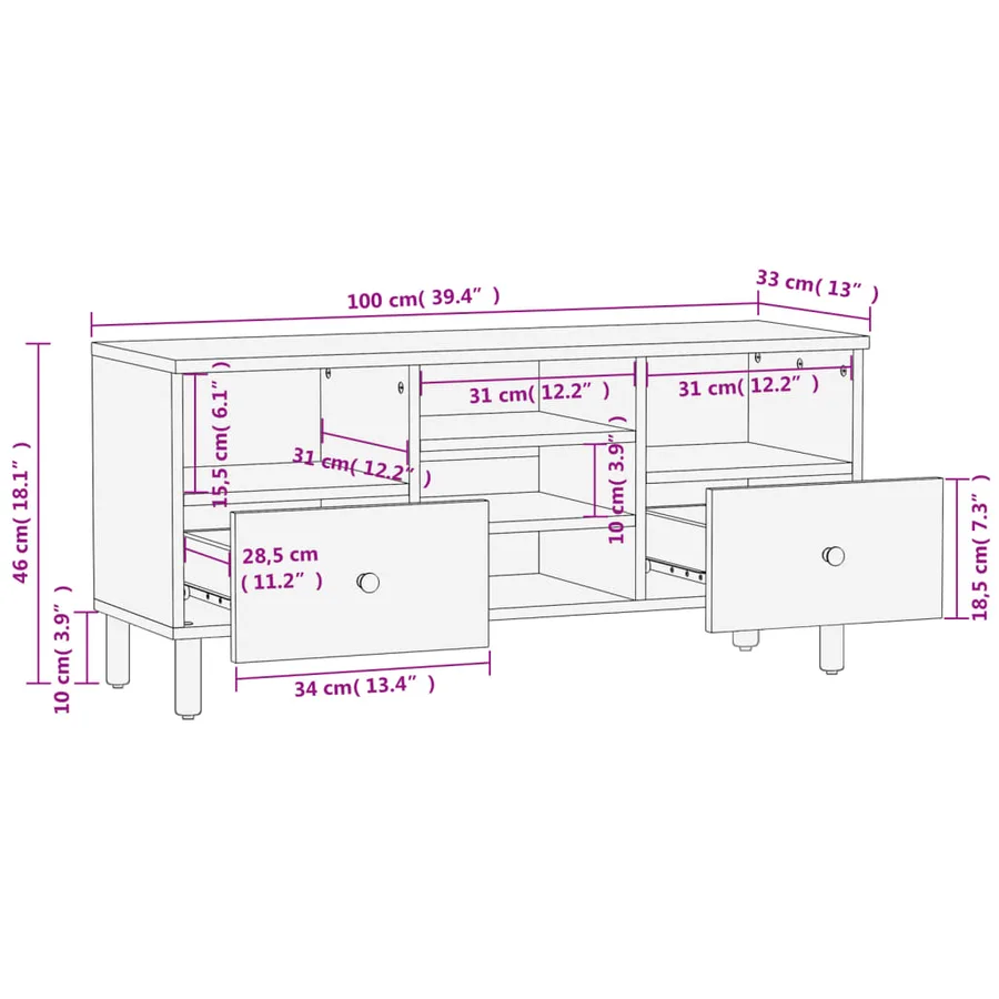 Meuble TV noir 100x33x46 cm bois massif de manguier - 10