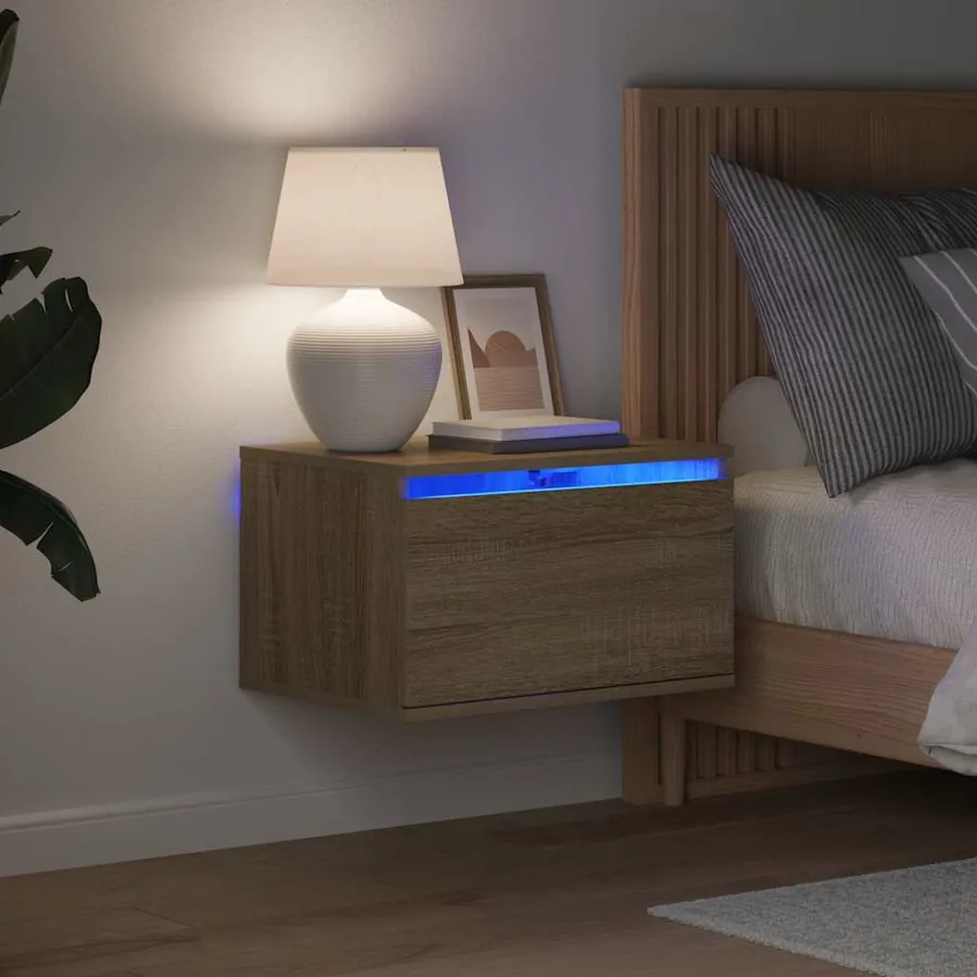 Table de chevet murale avec lumières LED chêne sonoma