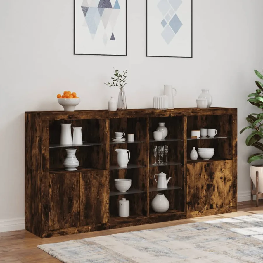 Buffet avec lumières LED chêne fumé 202x37x100 cm - 4