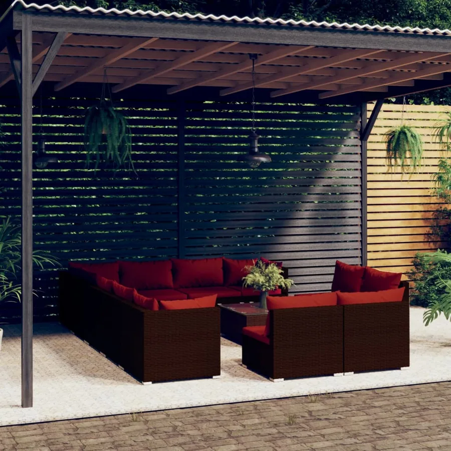 Salon de jardin 13 pcs avec coussins Marron Résine tressée
