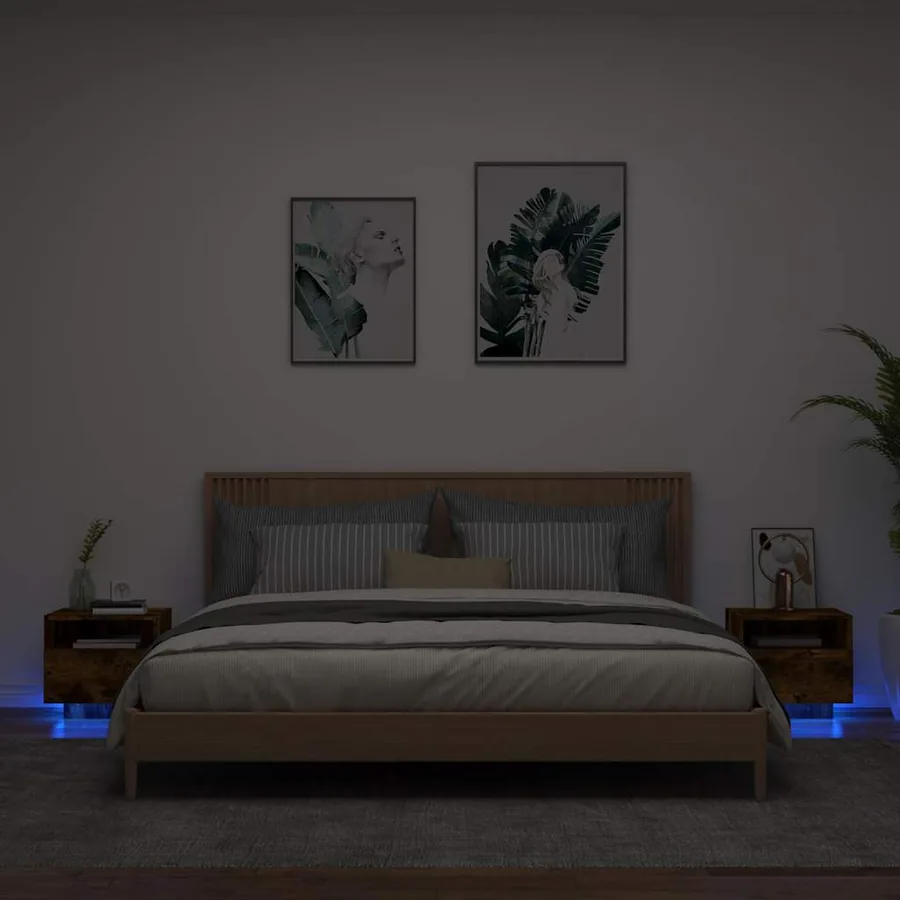 Armoires de chevet avec lumières LED 2 pcs chêne fumé