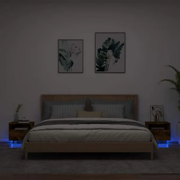 Armoires de chevet avec lumières LED 2 pcs chêne fumé