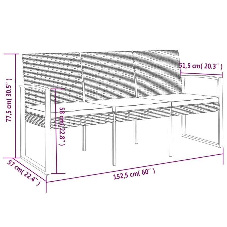 Banc de jardin à 3 places avec coussins marron PP rotin - 7