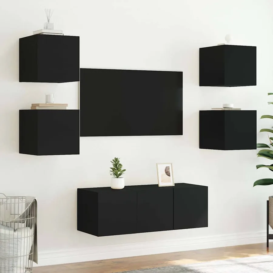 Meubles TV muraux avec lumières LED 2 pcs noir 30,5x35x30 cm - 5