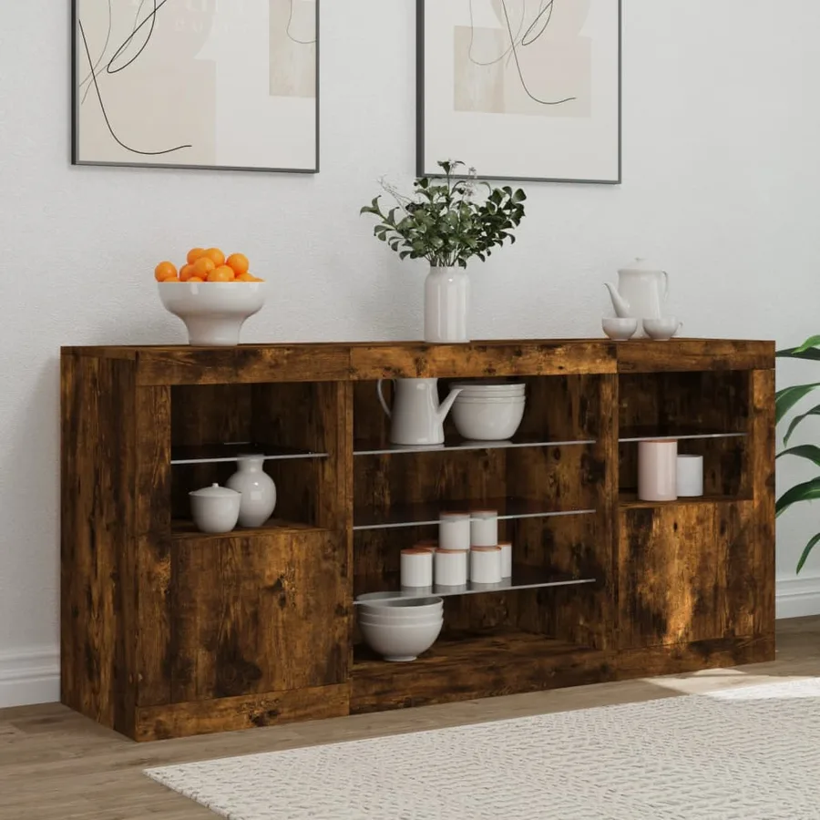 Buffet avec lumières LED chêne fumé 142,5x37x67 cm - 3