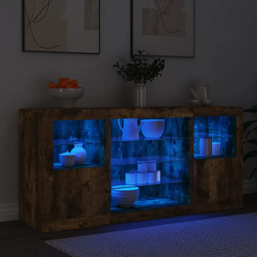 Buffet avec lumières LED chêne fumé 142,5x37x67 cm - 4