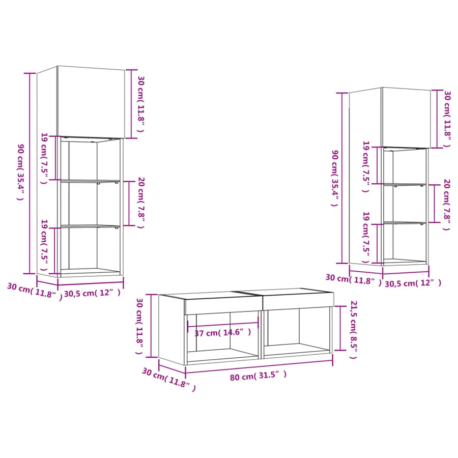 Meuble TV muraux 4 pcs avec lumières LED chêne fumé - 18