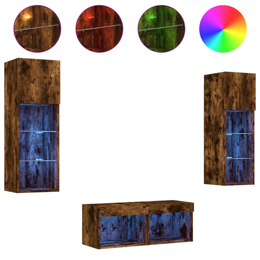 Meuble TV muraux 4 pcs avec lumières LED chêne fumé - 2