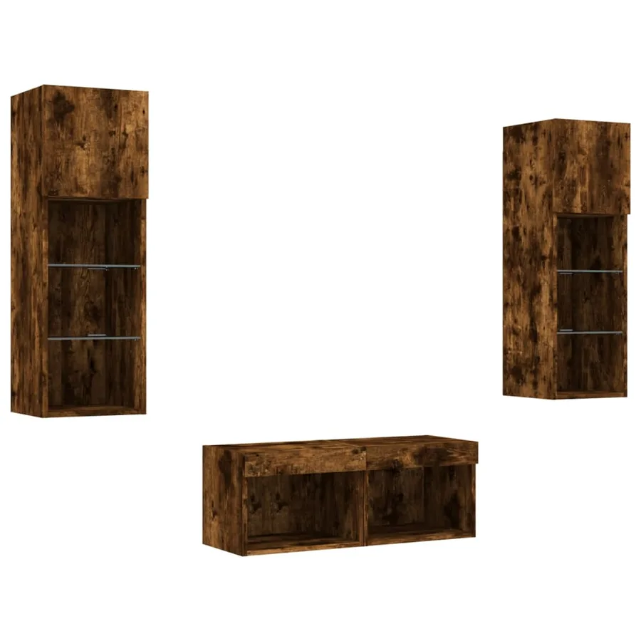 Meuble TV muraux 4 pcs avec lumières LED chêne fumé - 3
