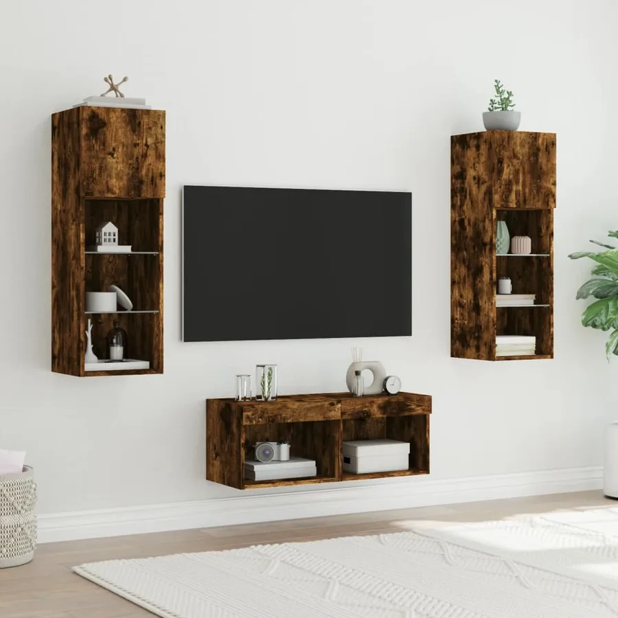Meuble TV muraux 4 pcs avec lumières LED chêne fumé - 4