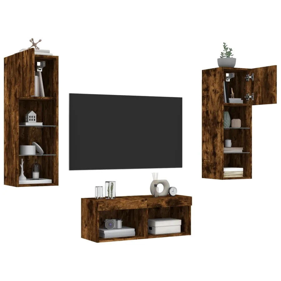 Meuble TV muraux 4 pcs avec lumières LED chêne fumé - 5