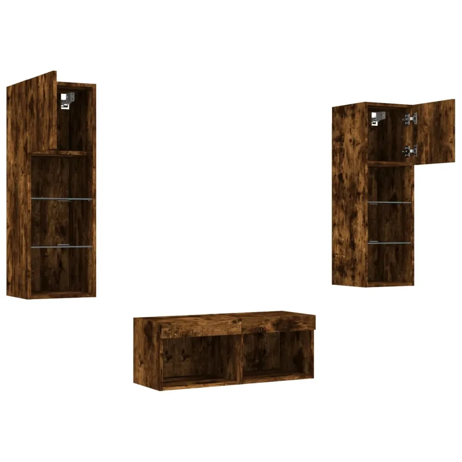 Meuble TV muraux 4 pcs avec lumières LED chêne fumé - 6