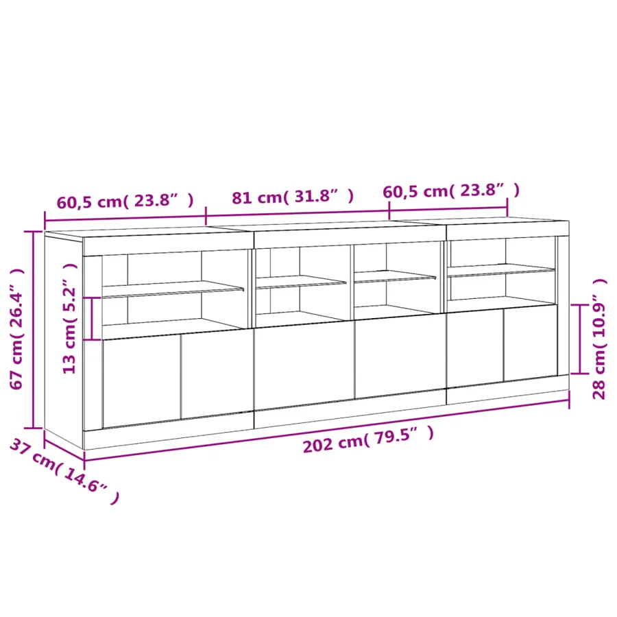 Buffet avec lumières LED gris béton 202x37x67 cm - 18