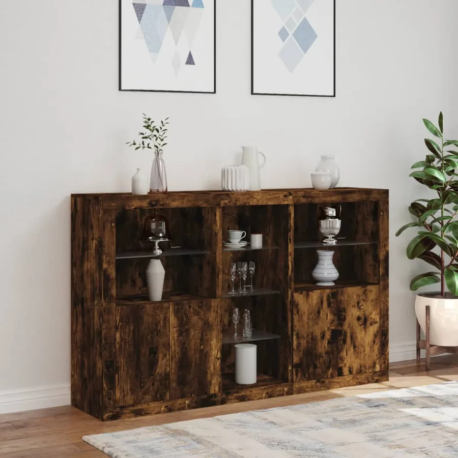 Buffet avec lumières LED chêne fumé 162x37x100 cm - 4