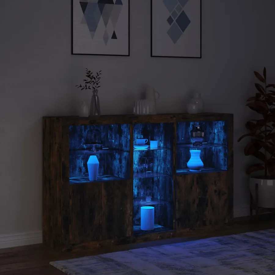 Buffet avec lumières LED chêne fumé 162x37x100 cm - 5