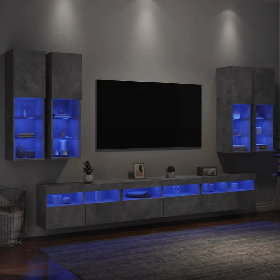 Ensemble de meubles TV muraux 7pcs et lumières LED gris béton