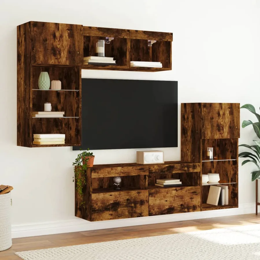 Unités murales TV avec LED 5 pcs chêne fumé bois d'ingénierie - 3