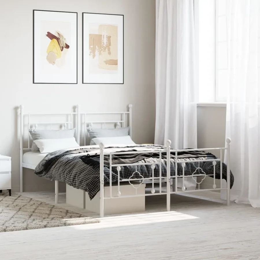 Cadre de lit métal sans matelas et pied de lit blanc 135x190 cm
