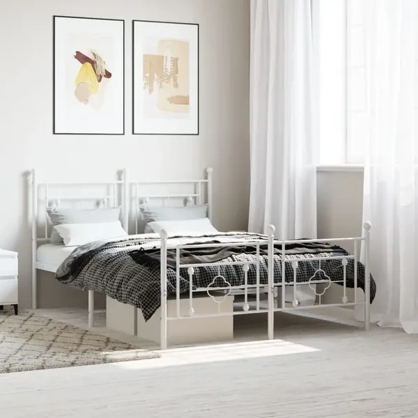 Cadre de lit métal sans matelas et pied de lit blanc 135x190 cm