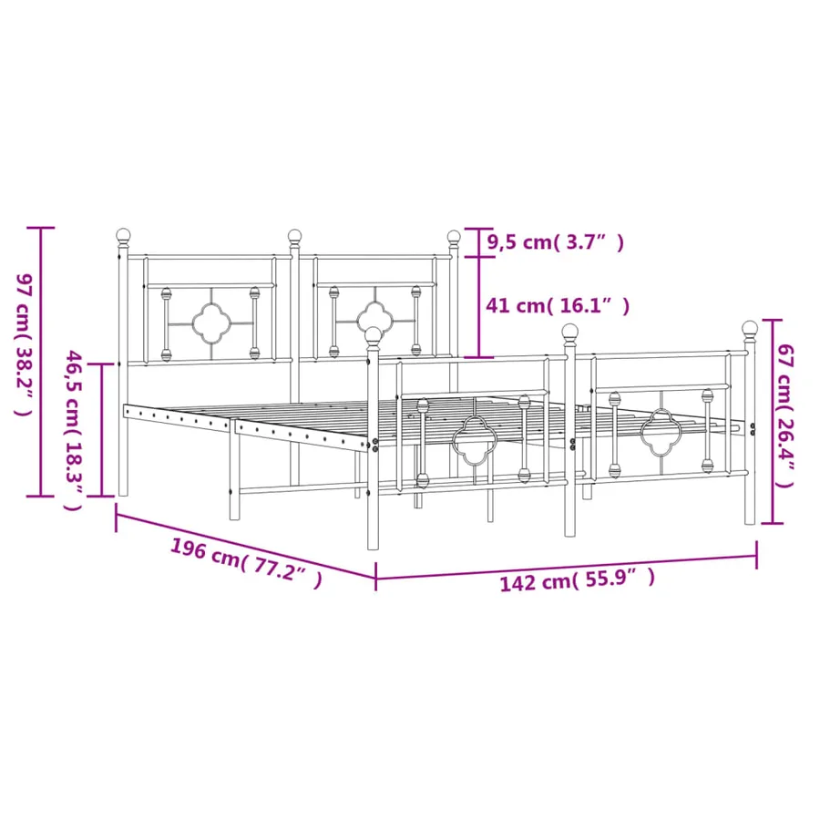 Cadre de lit métal sans matelas et pied de lit blanc 135x190 cm - 11