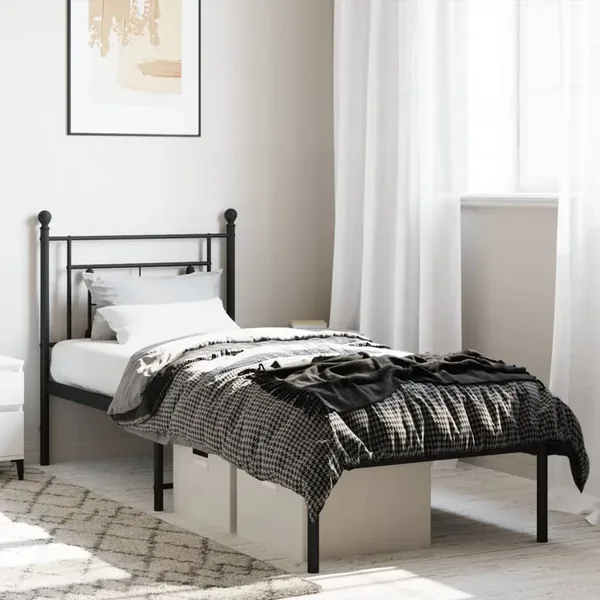 Cadre de lit métal sans matelas avec tête de lit noir 75x190 cm